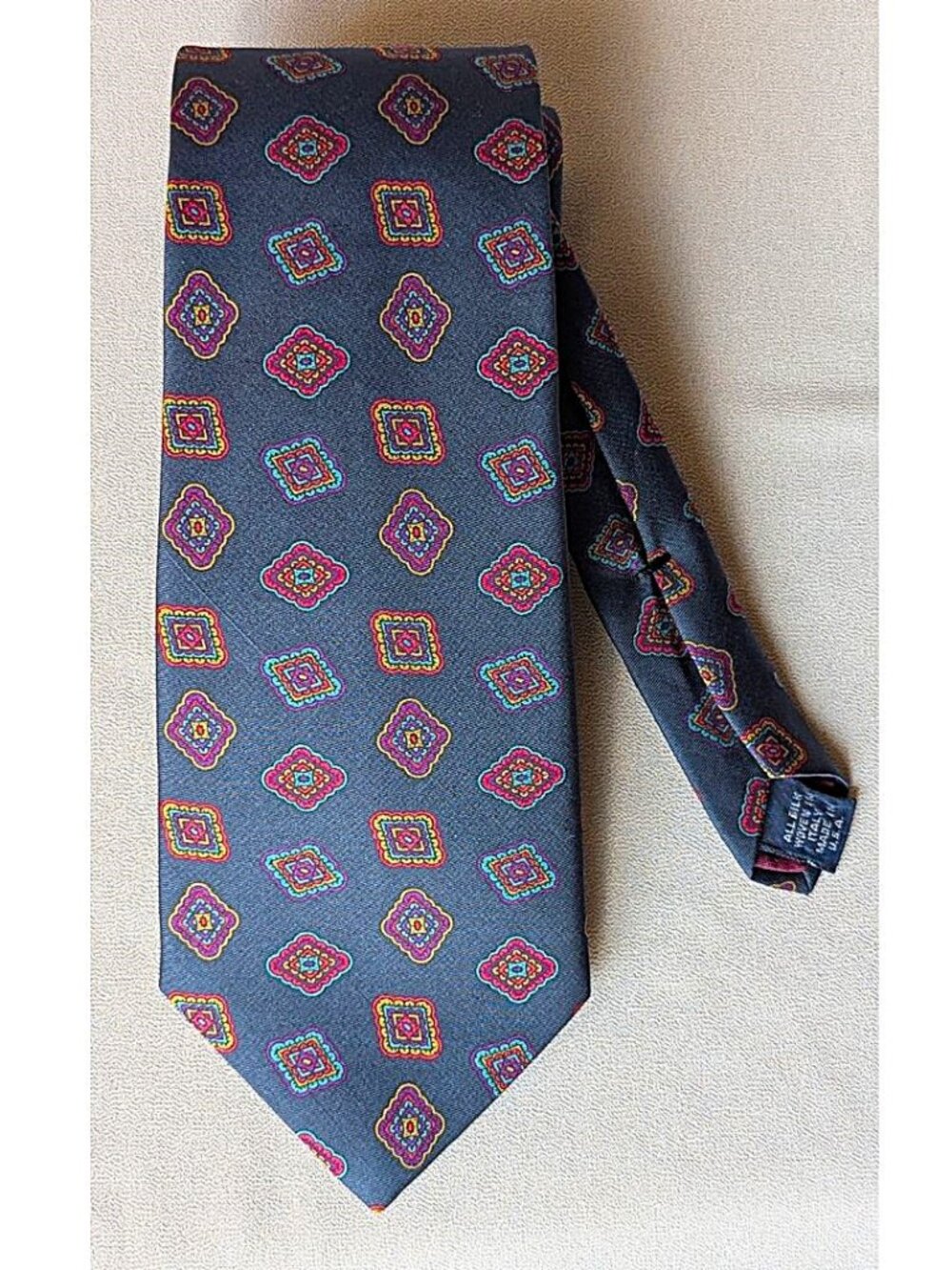 AUSTIN REED of Regent Street 100% Silk Tie Navy Geometric Multicolor Made in USA